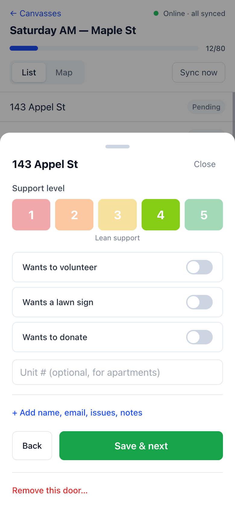 DoorLine input sheet with a 1–5 support scale and toggles