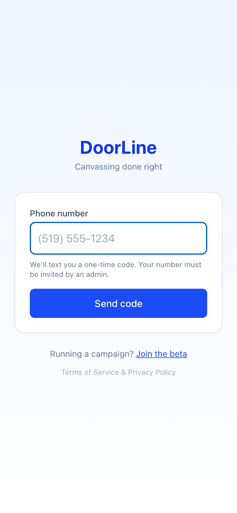 DoorLine login screen: phone number and a text code