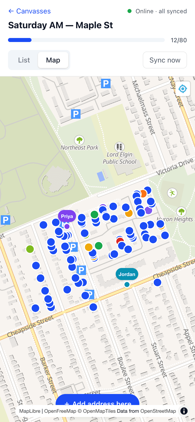 DoorLine live map with colored door pins and teammates' GPS positions